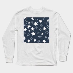 Holiday watercolor white stars over navy blue background Long Sleeve T-Shirt